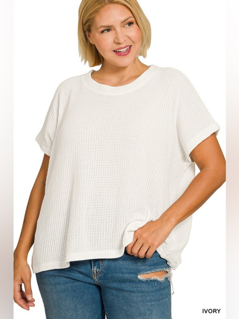 Ivory Zenana PLUS CHENILLE WAFFLE CAP SLEEVE SWEATER